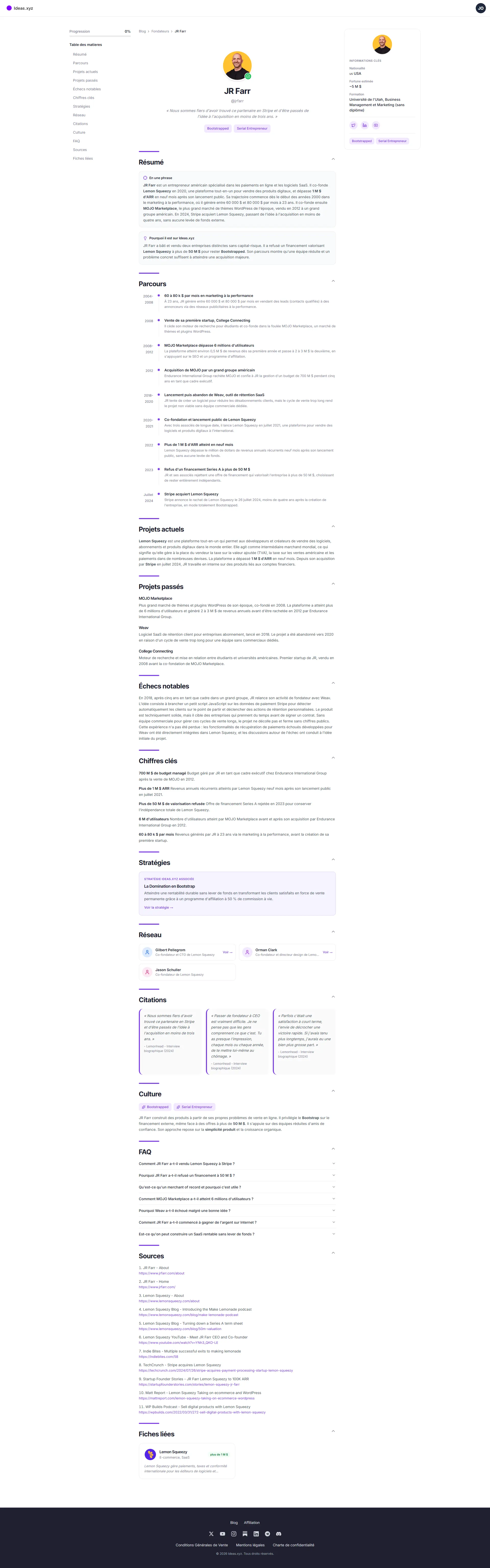 Ideas.xyz founder profile page with structured JSON-LD data generated by autonomous n8n pipeline orchestrating GPT-4 and Claude