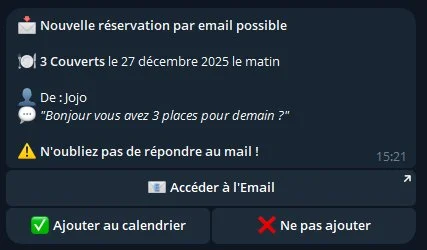 Telegram notification showing automated restaurant reservation detection with date, guest count and email link