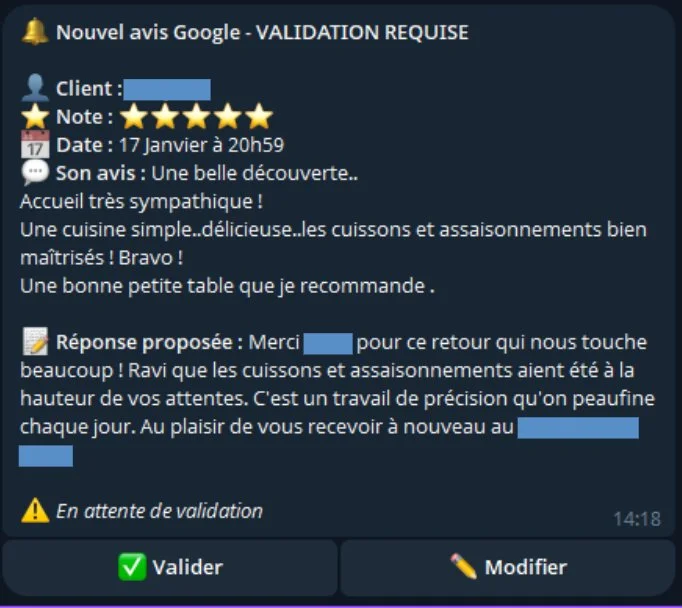 Telegram message showing automated Google review response with AI-generated reply awaiting restaurant owner validation